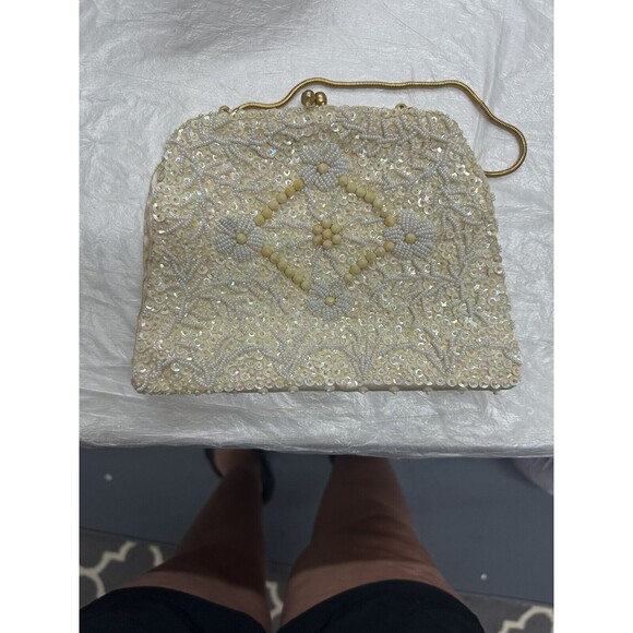 1960s Vintage Off White Beaded Handbag With Gold Trm and Hardware - Picture 1 of 9